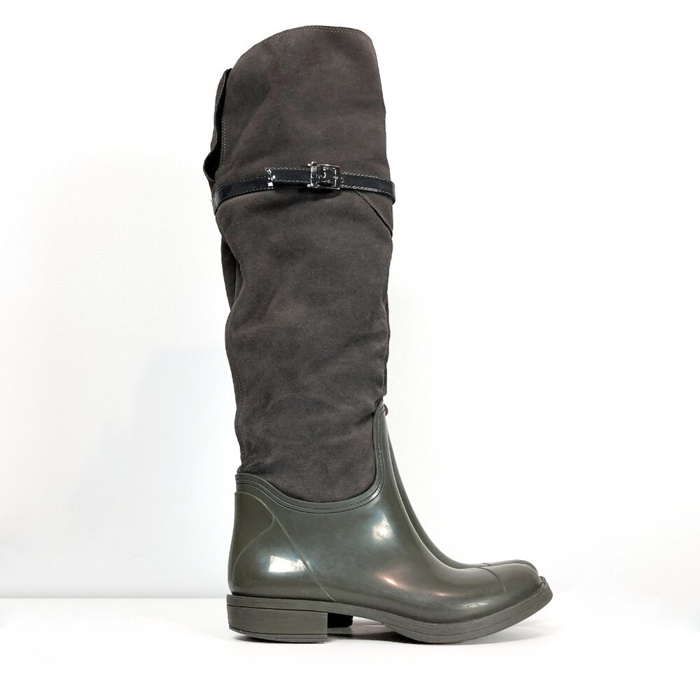 Tall Suede Rubber Boots, Gray & Olive Green Wellies